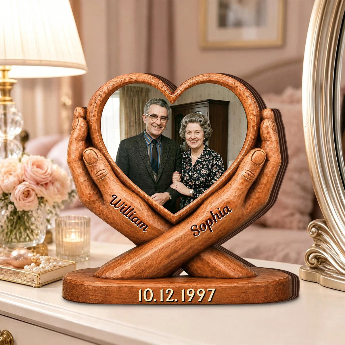 Personalized Heart Couple Photo Wooden Block - Custom Anniversary Wedding Gift for Husband And Wife