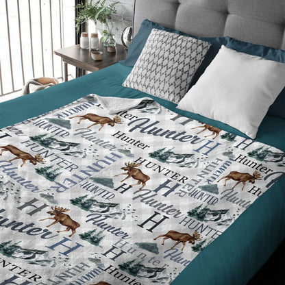 Personalized Moose Name Blanket - Custom Mountain Outdoors Throw Blanket for Nursery and Camping