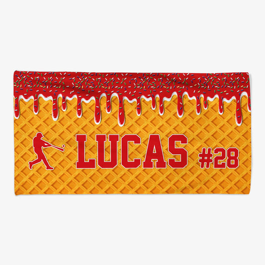 Personalized sports beach towel with custom name, jersey number, and colorful ice cream waffle cone design for kids
