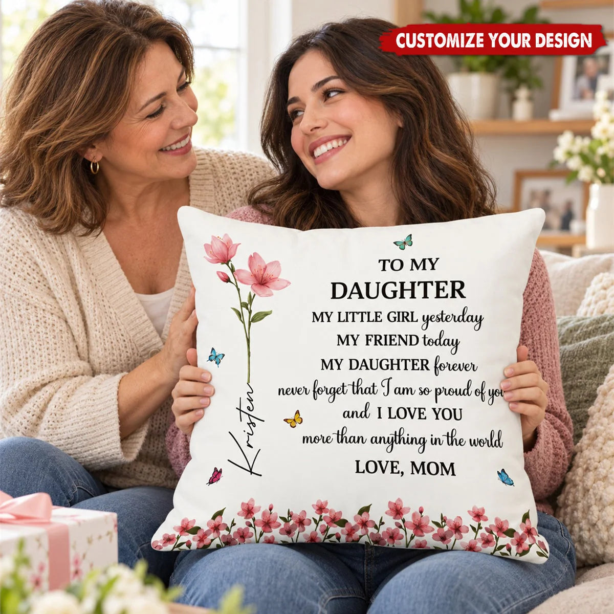 "To My Daughter My Little Girl Yesterday" Personalized Birth Flower Pillow - Birthday Keepsake Gift for Daughter