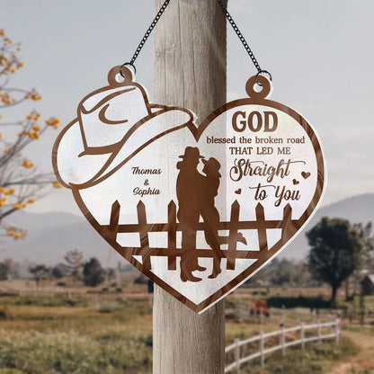 God Blessed The Broken Road Couple Suncatcher for Couples with personalized design details for meaningful gifting image 6