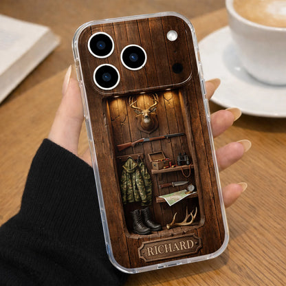 Custom hunting cabin phone case with rustic wood wall, mounted deer head, rifle, camo jacket, and personalized name plate image 6