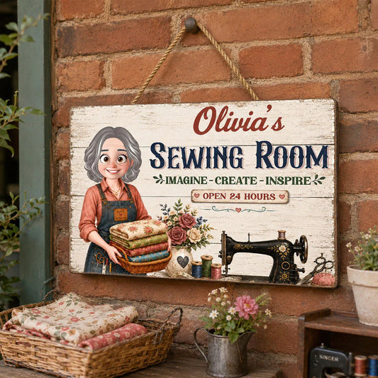 Personalized sewing room wooden sign with custom name craft girl design for mom birthday gift