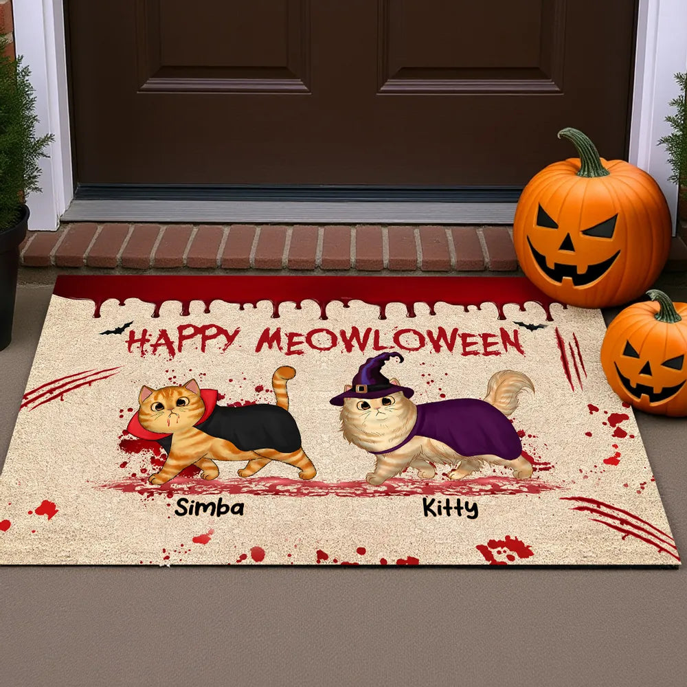 Personalized halloween cat doormat featuring spooky walking cats with custom pet names - unique halloween entry decor