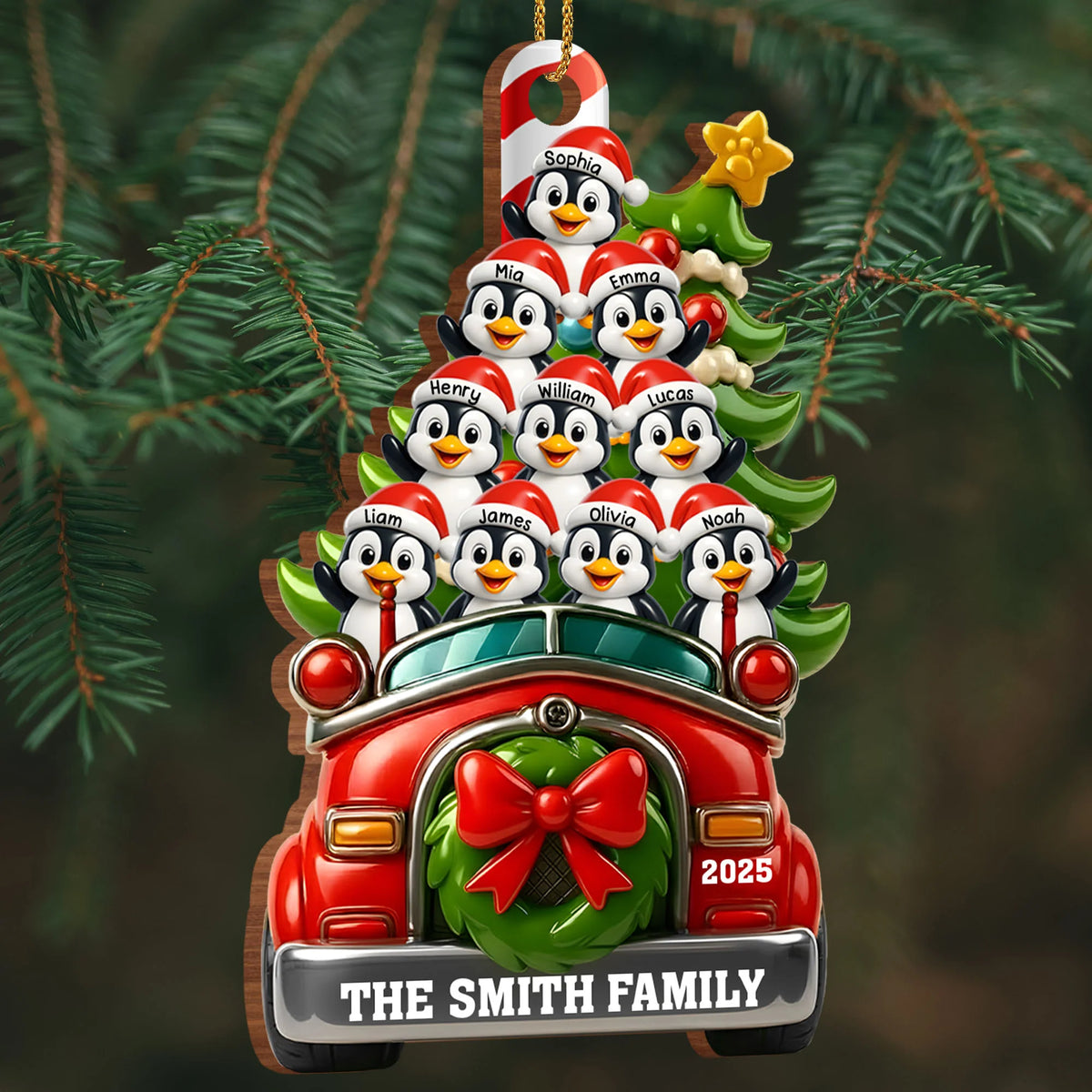 Festive Penguin Car Personalized Christmas Wood Ornament - Family Holiday Keepsake Gift