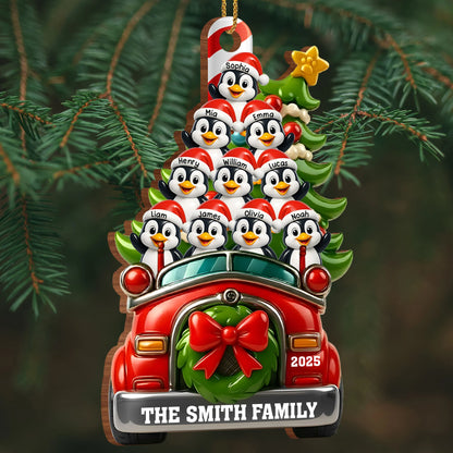 Festive Penguin Car Personalized Christmas Wood Ornament - Family Holiday Keepsake Gift