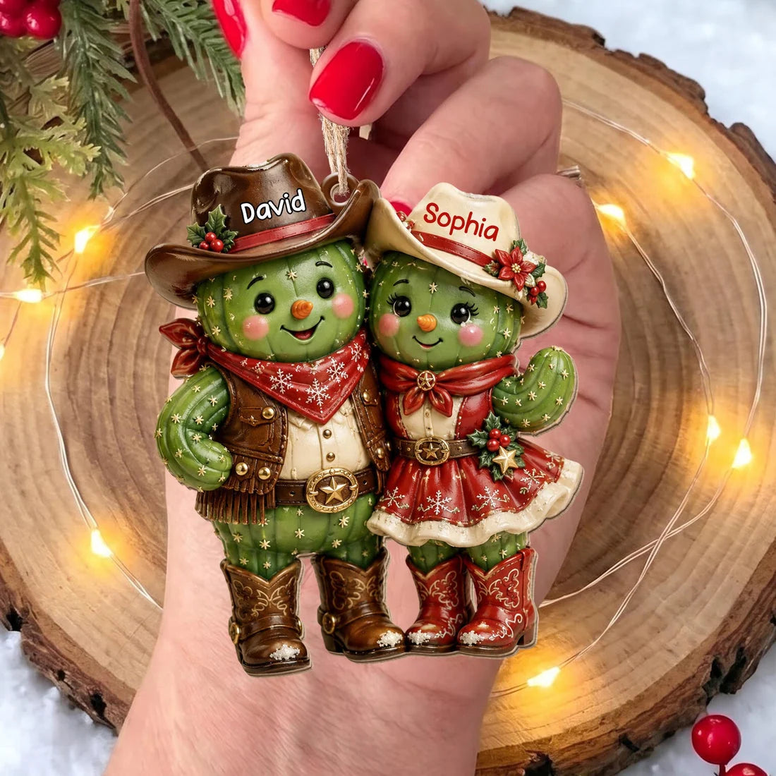 Custom Cactus Couple Wooden Ornament - Personalized Western Keepsake for Couples Christmas Tree