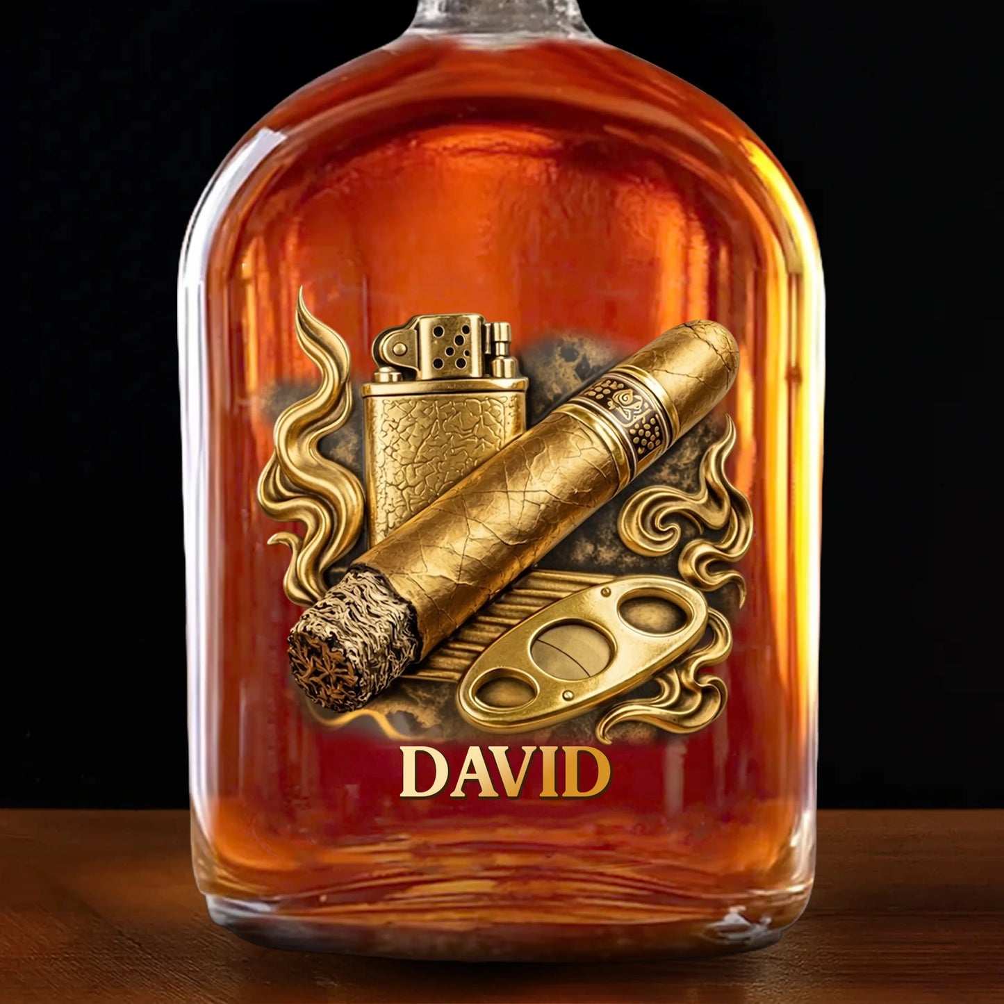 Personalized whiskey bottle decanter with 3D effect cigar and lighter design custom engraved with name David image 9