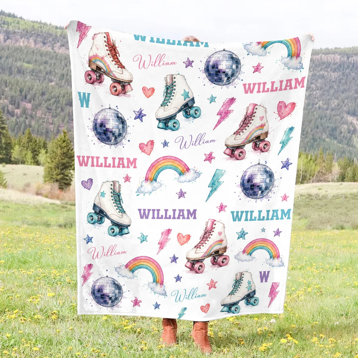 Personalized Roller Skate Blanket - Retro Disco Rainbow Custom Name Throw for Kids