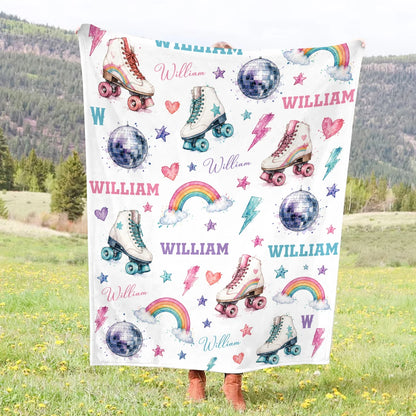 Personalized Roller Skate Blanket - Retro Disco Rainbow Custom Name Throw for Kids