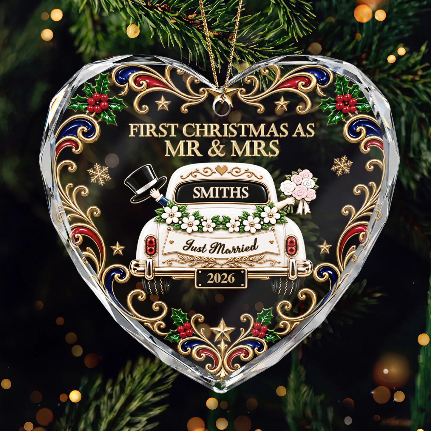 "First Christmas As Mr & Mrs" Personalized Glass Heart Ornament - Custom Wedding Keepsake Gift