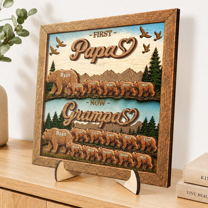 First Daddy Now Grandpa Bear Family Personalized Wooden Plaque - Custom Gift for Father, Dad, Husband