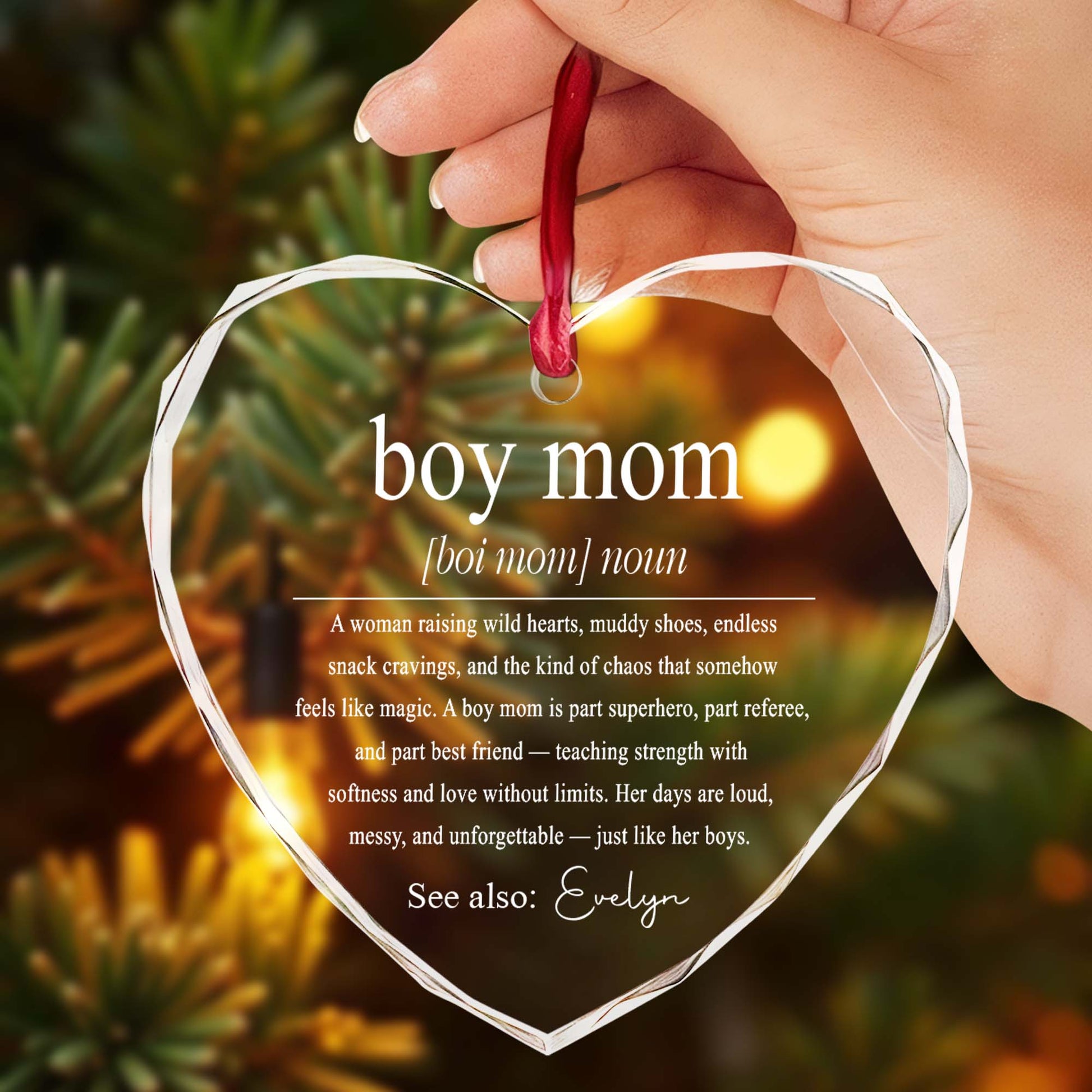 Glass Ornament material and size view - Boy Mom Heart Glass Ornament