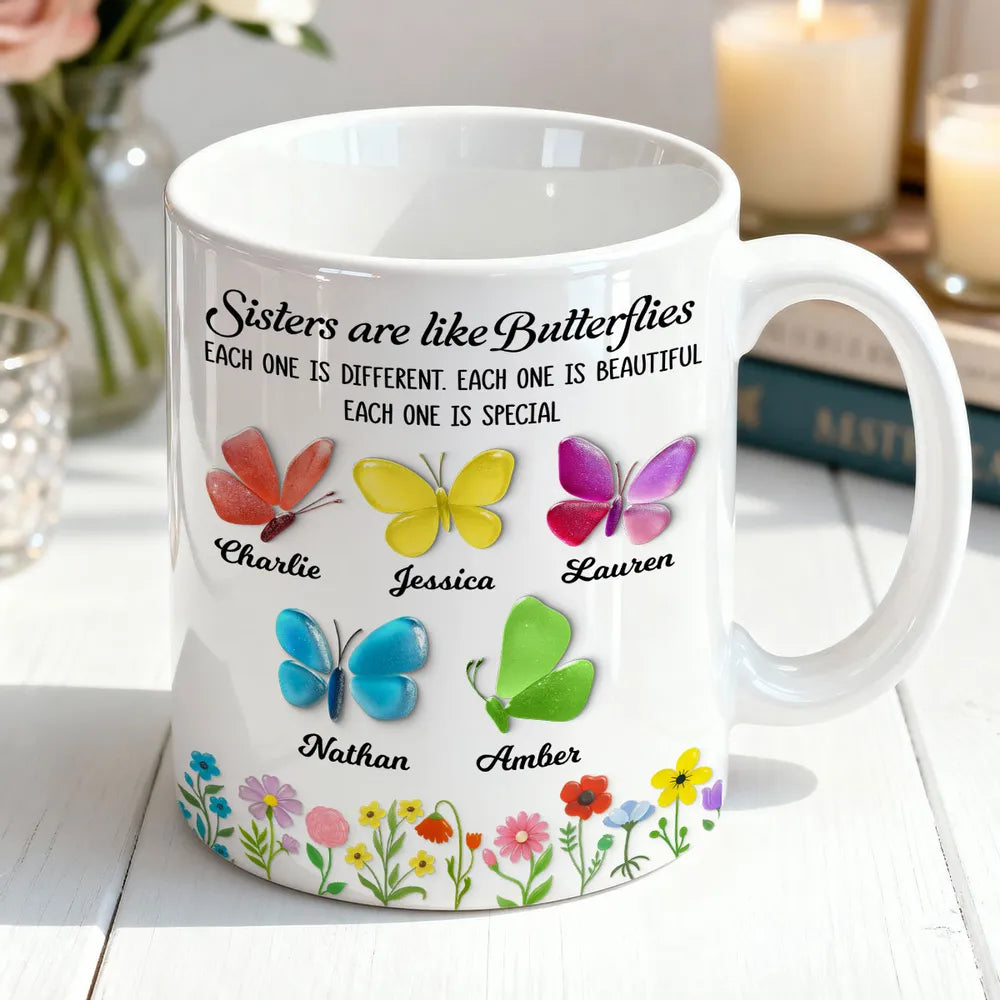 Sisters Are Like Butterflies – Personalized Ceramic Mug for Sister, Custom 3D Sea Glass Gift for Siblings