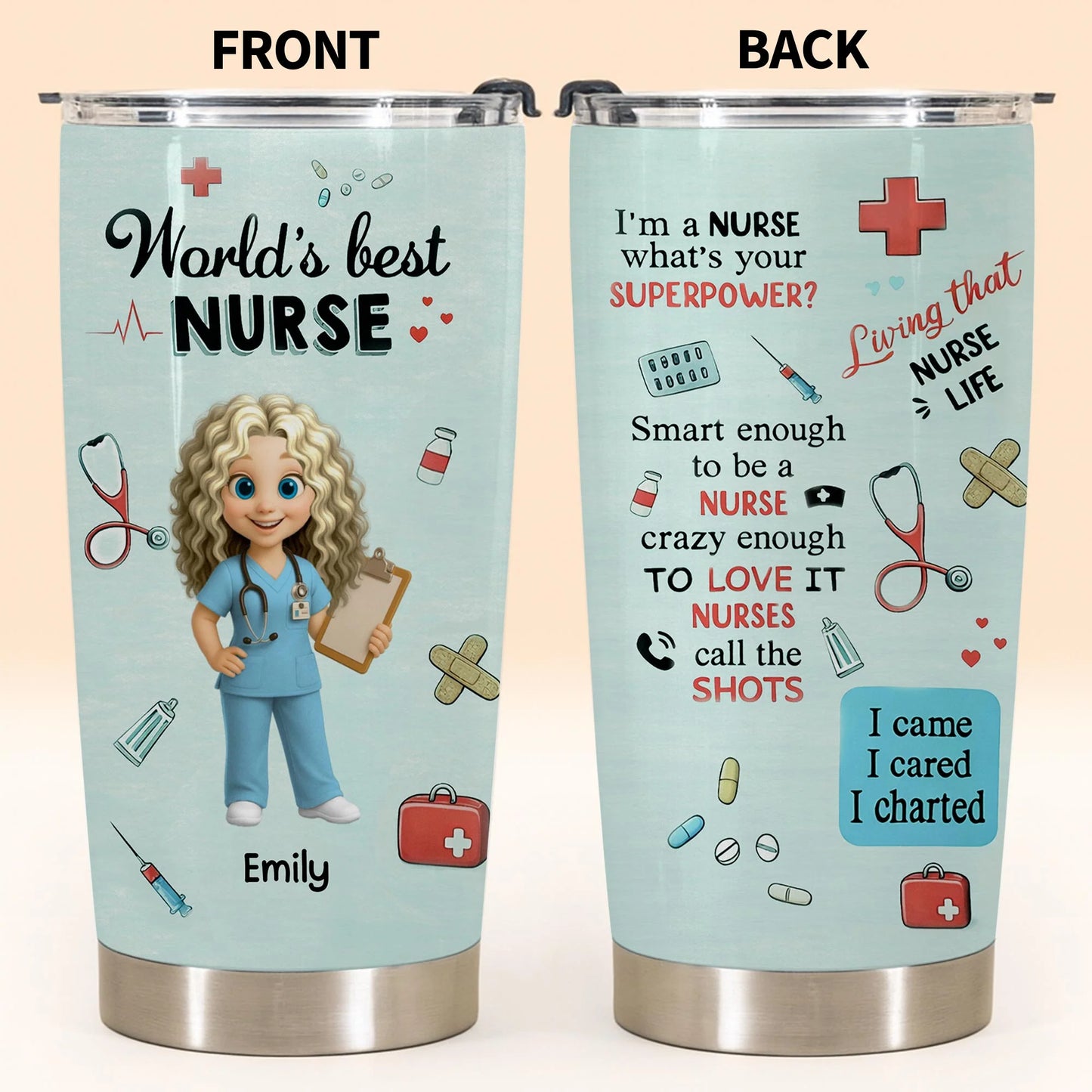 Personalized nurse tumbler featuring medical symbols and cute cartoon nurse for RN appreciation gifts image 7