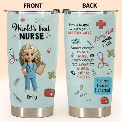 Personalized nurse tumbler featuring medical symbols and cute cartoon nurse for RN appreciation gifts image 7
