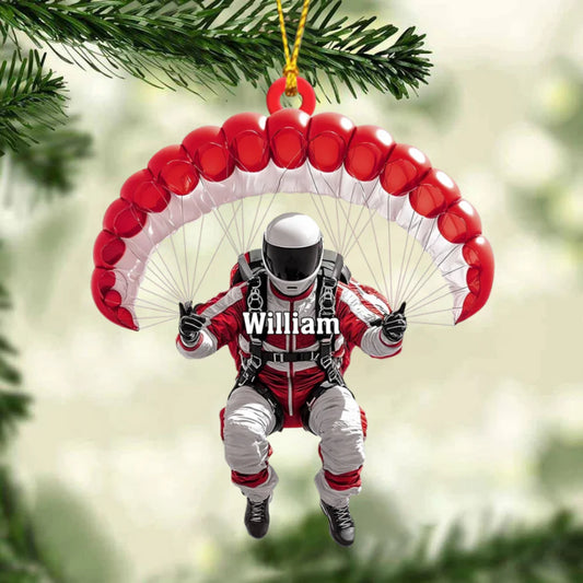 Personalized skydiver Christmas ornament with custom name under parachute for extreme sports lovers