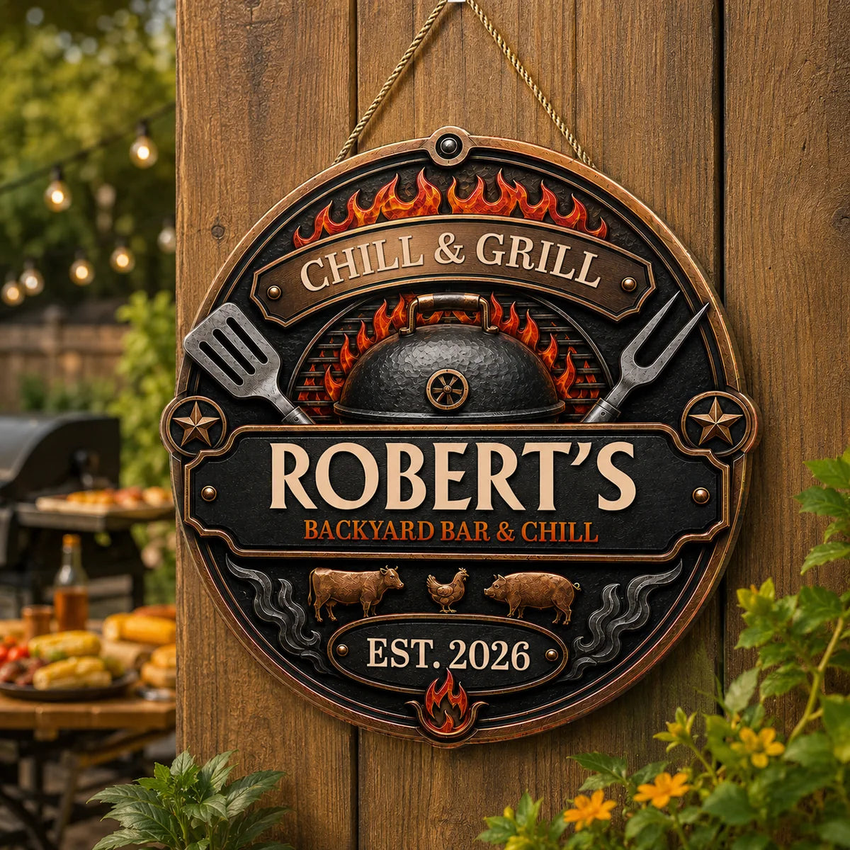 Chill and Grill Personalized Wood Sign - Custom BBQ Door Decor for Dad & Husband