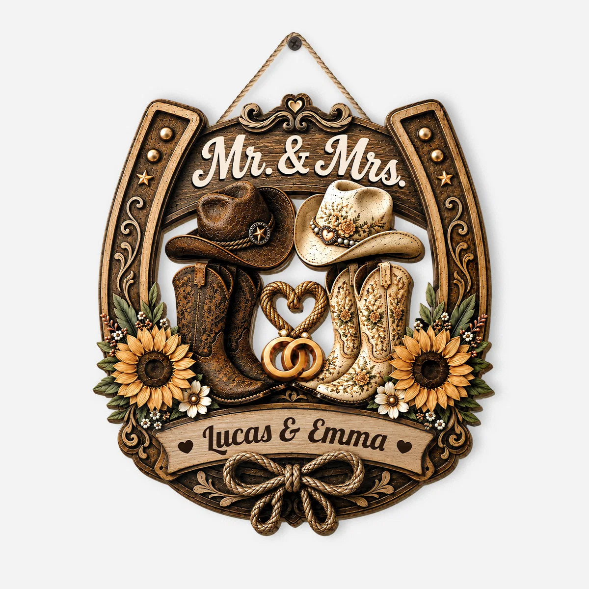 Mr. & Mrs. Horseshoe Personalized Couple Wood Sign - Custom Western Country Wedding Wall Decor