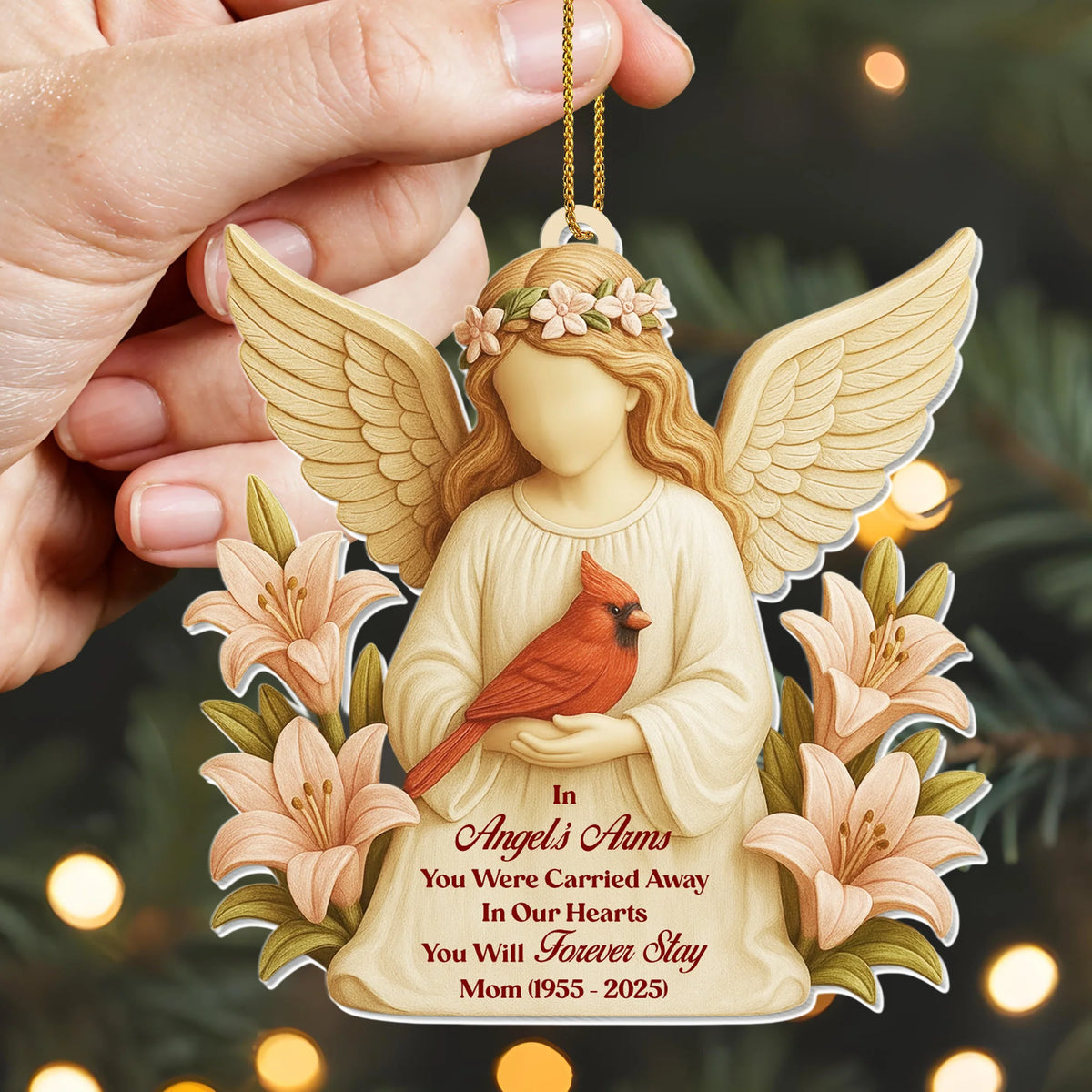 "In Angel's Arms You Were Carried Away" Personalized Acrylic Memorial Ornament - Christmas Sympathy Gift for Family
