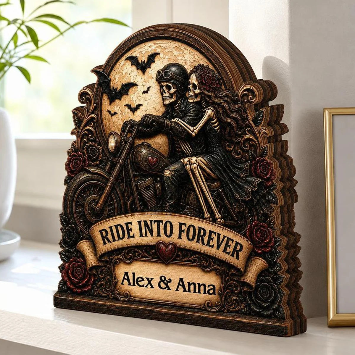 Ride Into Forever Skeleton Biker Couple - Personalized Wooden Block Gift for Husband Wife