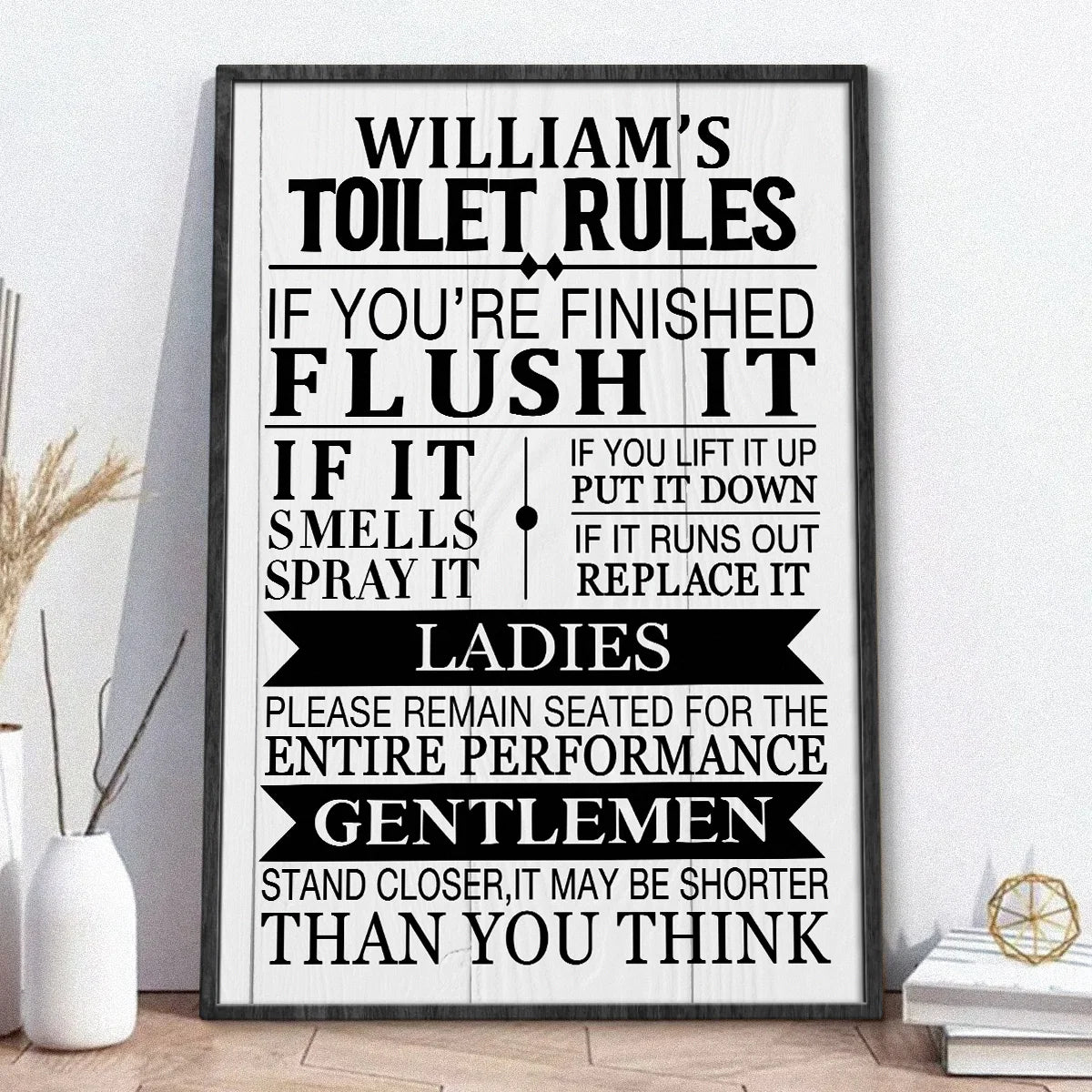 Toilet Rules Personalized Bathroom Poster / Canvas - Custom Funny Restroom Wall Art Gift for Housewarming