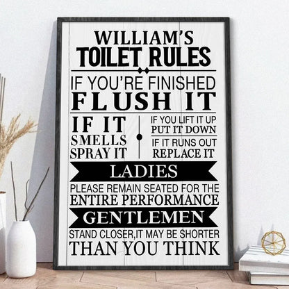 Toilet Rules Personalized Bathroom Poster / Canvas - Custom Funny Restroom Wall Art Gift for Housewarming