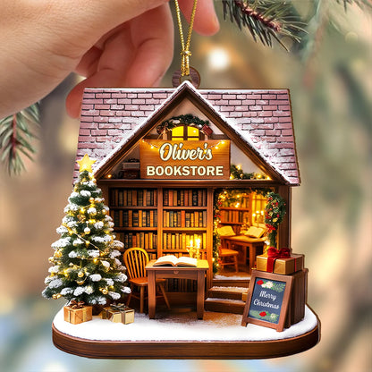 Personalized Book Lover Christmas Ornament - Custom Cozy Bookstore Wood Keepsake Gift