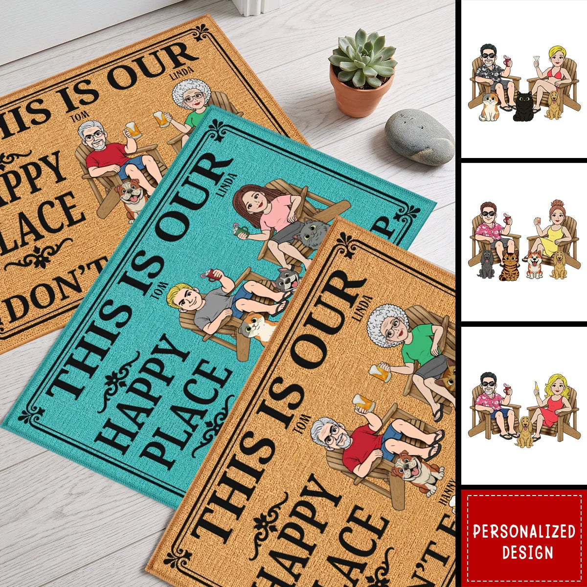 This Is Our Happy Place Don't Fck It Up - Personalized Couple Doormat with Pets Custom Welcome Mat