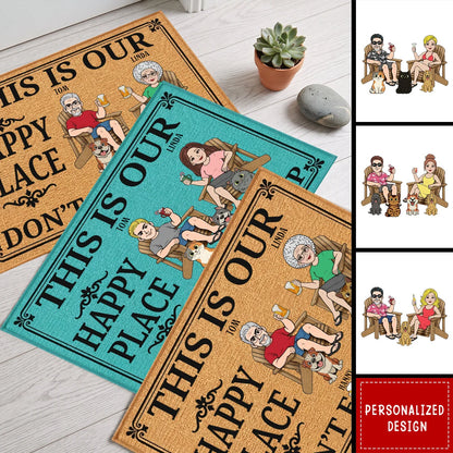 This Is Our Happy Place Don't Fck It Up - Personalized Couple Doormat with Pets Custom Welcome Mat
