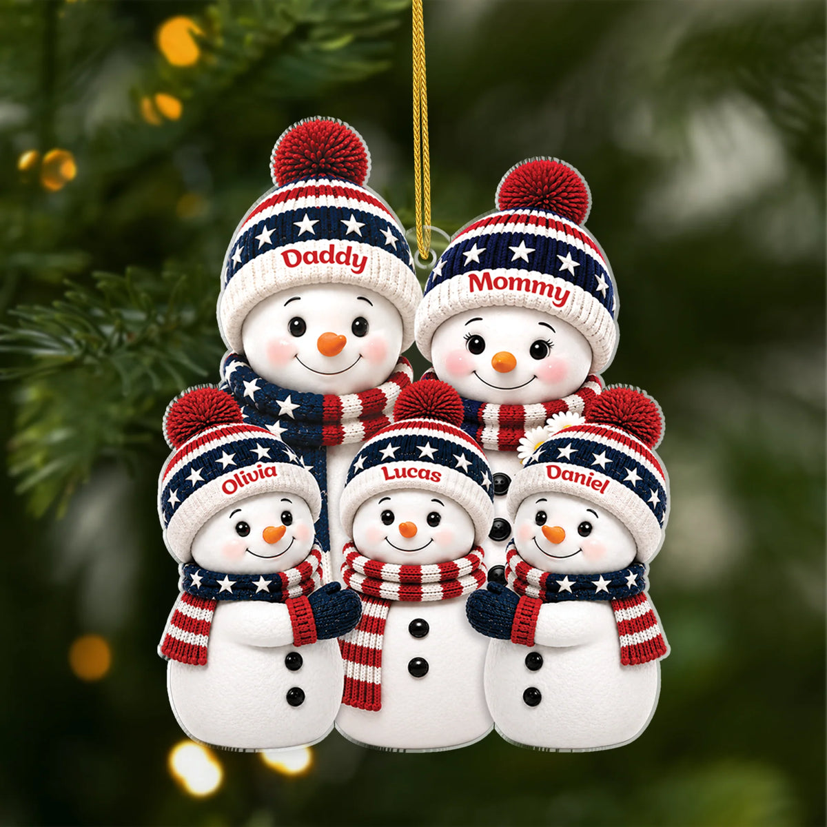 Patriotic Snowman Family Personalized Acrylic Ornament - Custom Christmas Keepsake