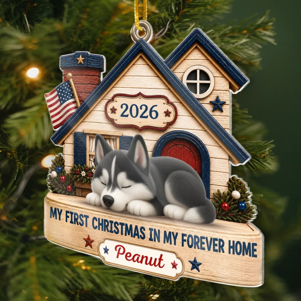 "First Christmas In Forever Home" Personalized Dog Ornament - Custom Acrylic Pet Gift