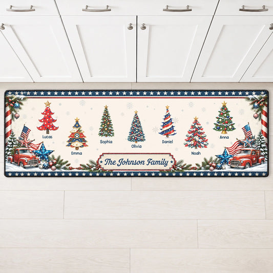 Personalized Patriotic Christmas Trees Runner Rug - Custom Family Name Kitchen Floor Mat