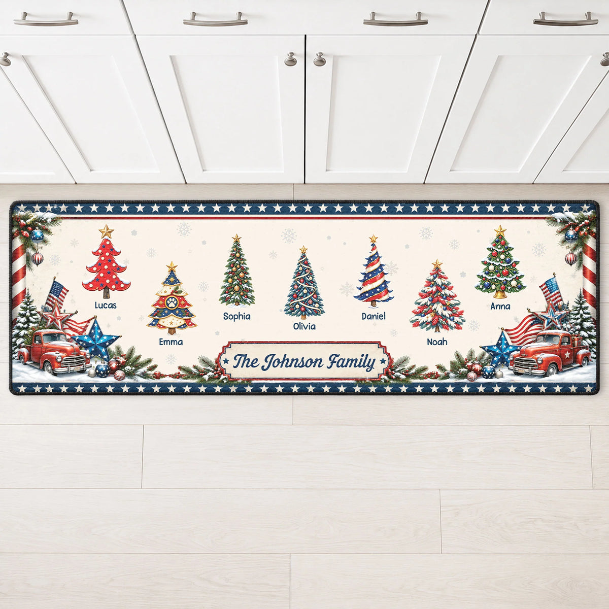 Personalized Patriotic Christmas Trees Runner Rug - Custom Family Name Kitchen Floor Mat