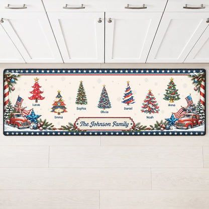Personalized Patriotic Christmas Trees Runner Rug - Custom Family Name Kitchen Floor Mat