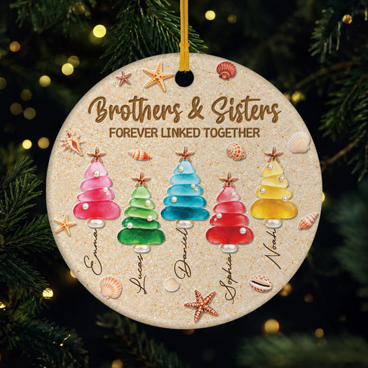 Forever Linked Together Custom Sibling Ceramic Ornament - Personalized Sea Glass Tree Keepsake for Family