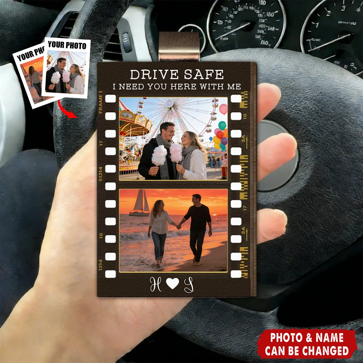 Drive Safe I Love You Personalized Car Visor Clip - Custom Photo Wooden Keepsake Gift for Boyfriend Husband
