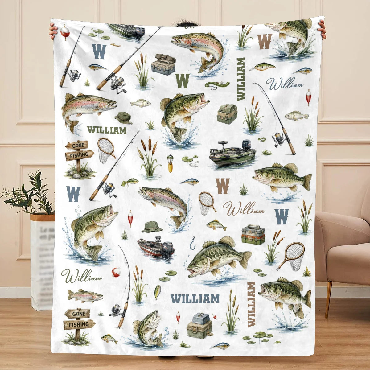 Personalized baby fishing blanket featuring bass and trout design with custom name for nursery decor gift