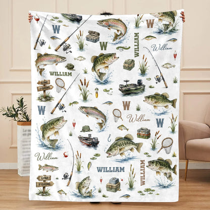 Personalized baby fishing blanket featuring bass and trout design with custom name for nursery decor gift