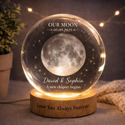 Custom moon phase night light with wooden LED base - personalized anniversary crystal ball gift for couples image 7