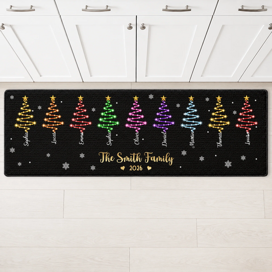 Custom Family Christmas Tree Kitchen Runner Rug - Personalized Holiday Floor Mat for Family New Home Gifts