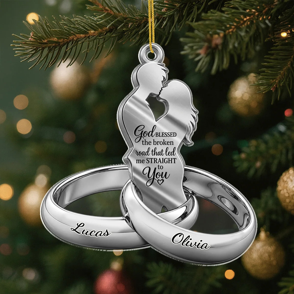 God Blessed The Broken Road Personalized Couple Rings Acrylic Ornament - Anniversary Keepsake for Husband and Wife