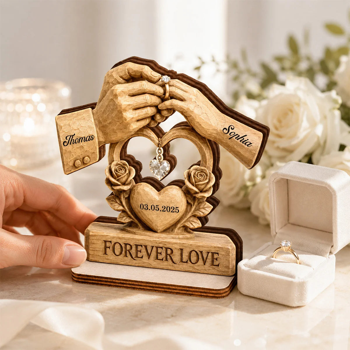 Personalized couple wedding wooden plaque with hands holding ring and Forever Love quote for couples image 7
