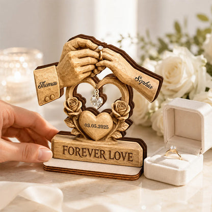 Personalized couple wedding wooden plaque with hands holding ring and Forever Love quote for couples image 7