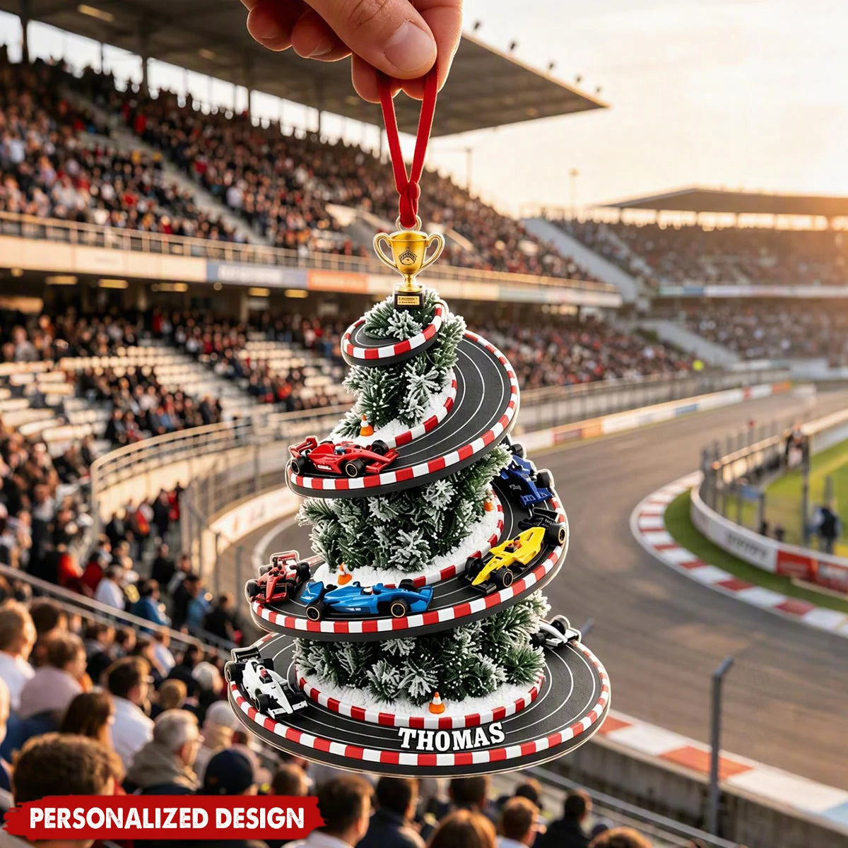 Personalized Racing Christmas Tree Acrylic Ornament - Custom Name Race Track Holiday Keepsake for Dad, Son & Racing Fans