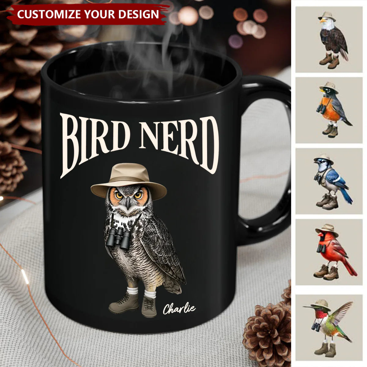 Personalized bird watching mug featuring a funny owl in hiking boots with binoculars for bird lovers image 6