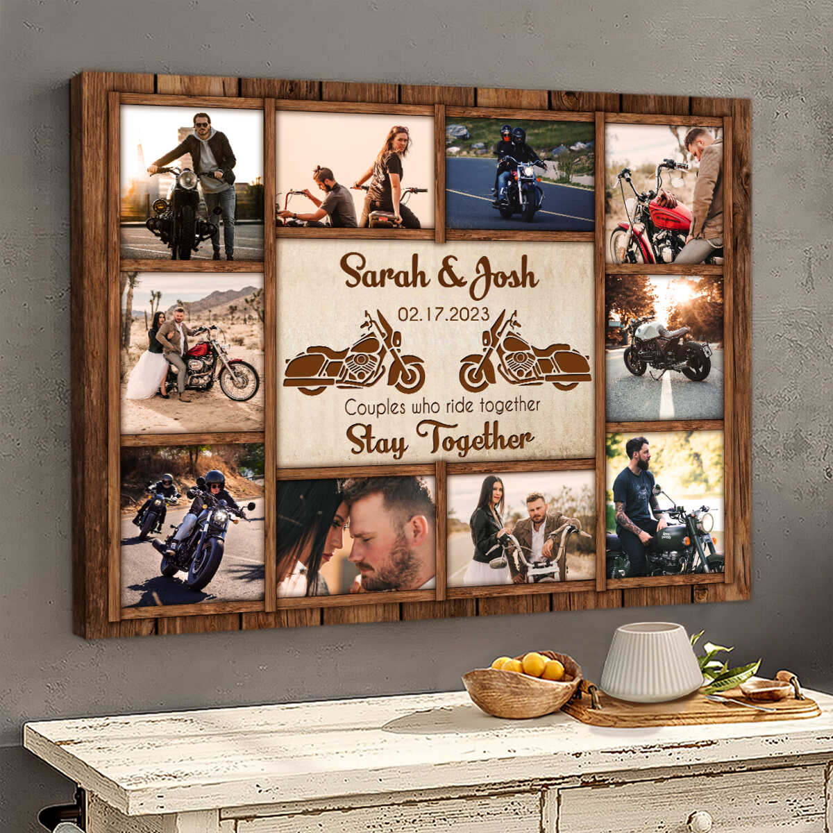 Canvas print featuring a custom motorcycle photo collage and quote for a biker couple anniversary gift.