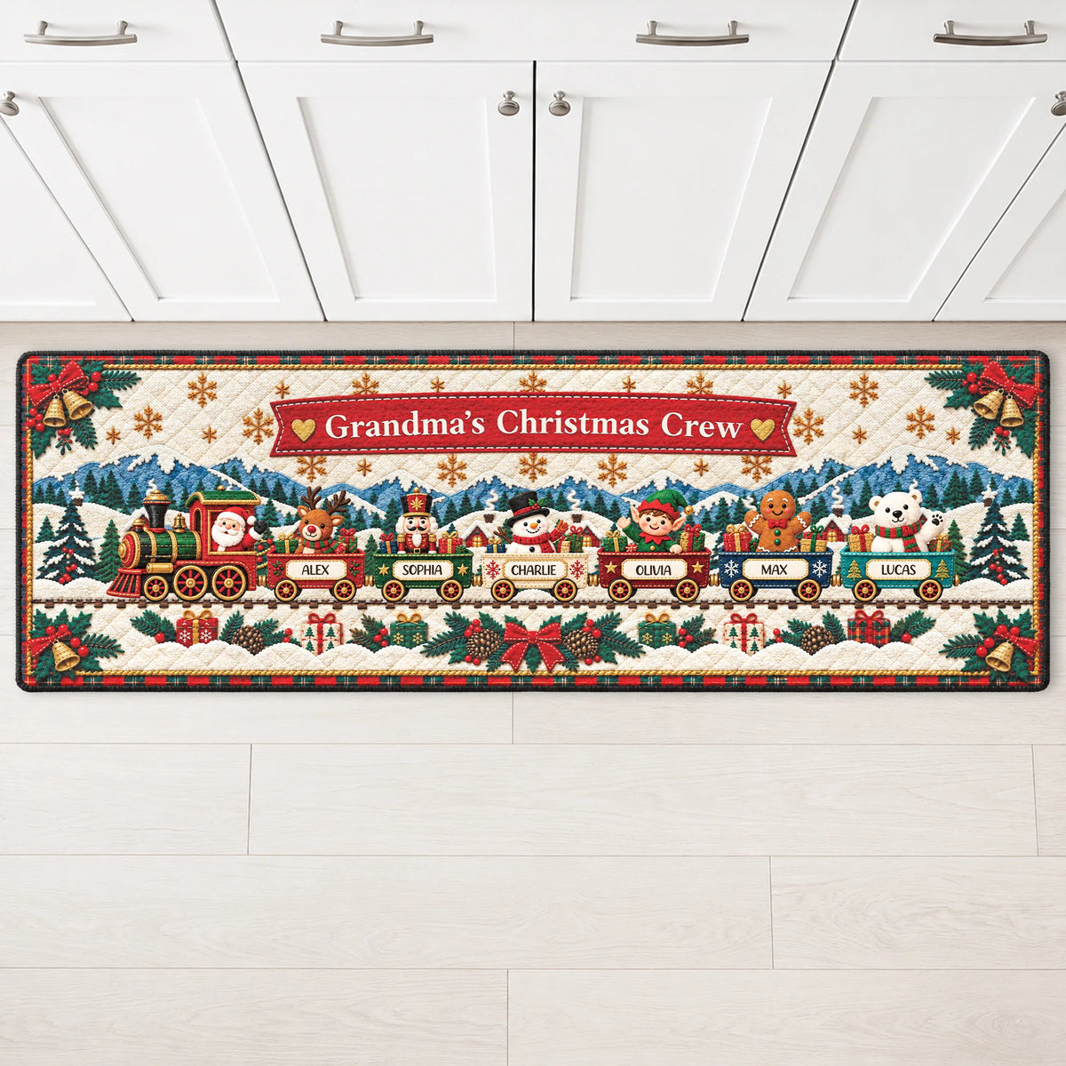 Grandma's Christmas Crew Personalized Runner Rug - Custom Holiday Train Mat for Mom