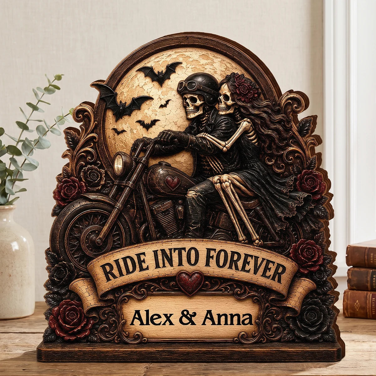 Ride Into Forever Skeleton Biker Couple - Personalized Wooden Block Gift for Husband Wife