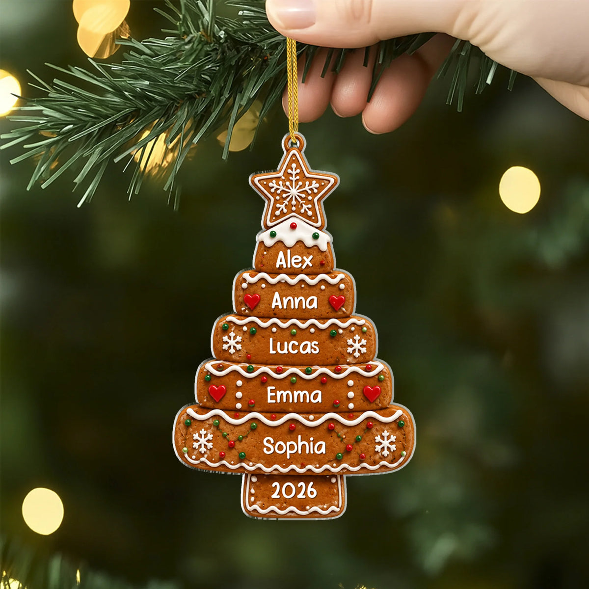 Love Joy Sweetness Personalized Gingerbread Tree Acrylic Ornament - Custom Family Holiday Keepsake